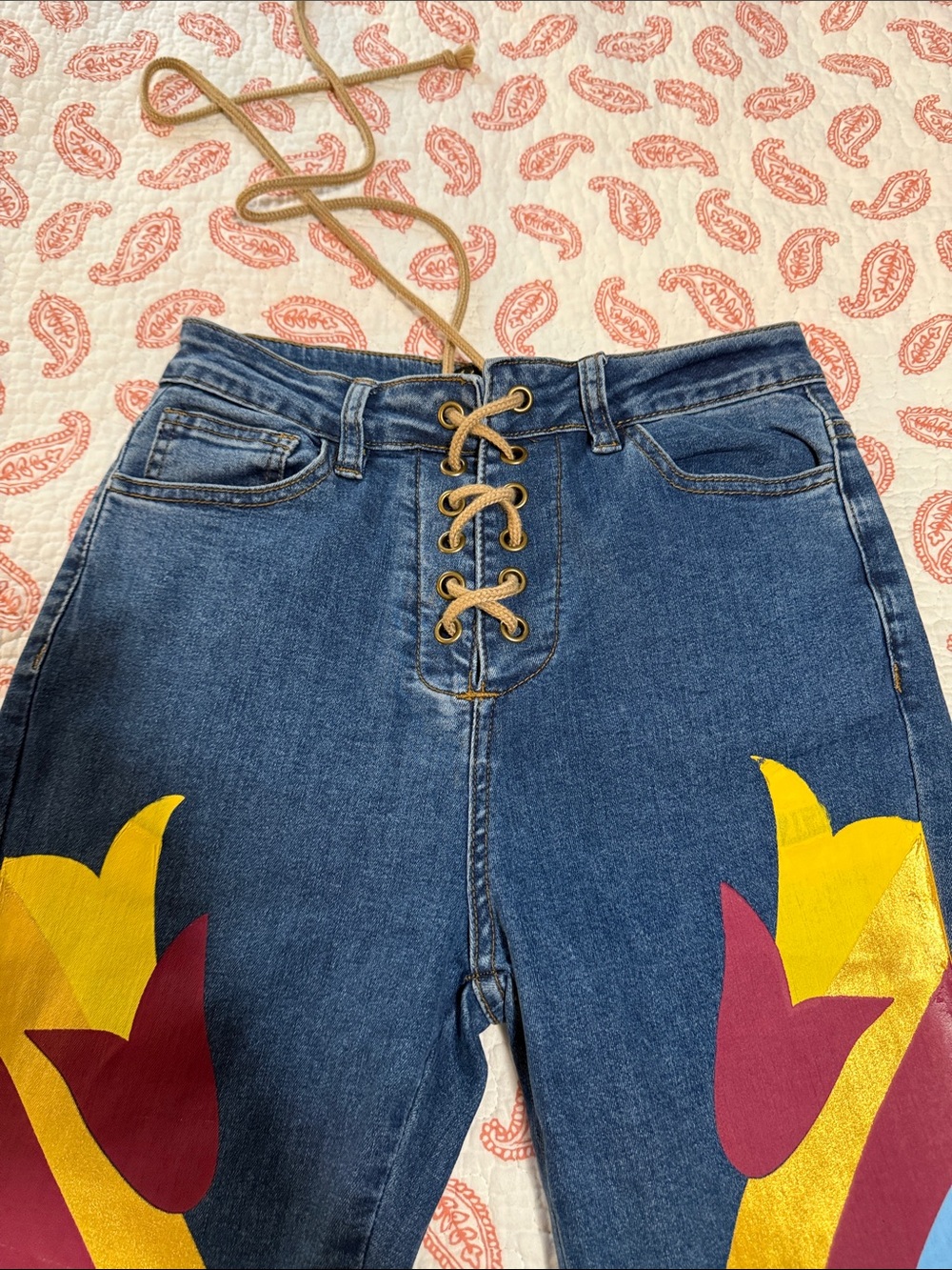 RARE Vintage Flared bell bottom Women’s Jeans with Gold & Blue Panel Accents - Picture 3 of 4